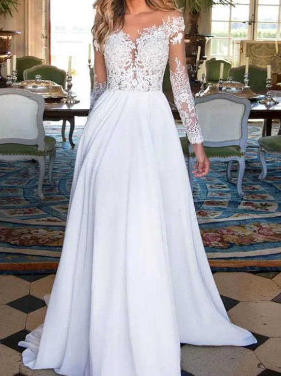 Plus Size Wedding Dresses 2026 V Neck Long Sleeves Floor Length Lace Appliqued Buttons Chiffon Bridal Gowns