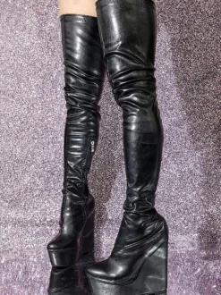 Plus Size Wedge Heel Thigh High Boots PU Leather