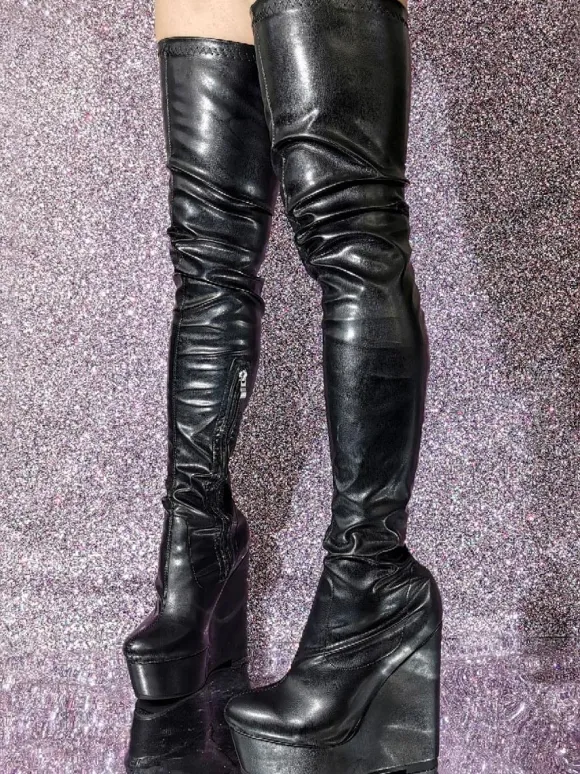 Plus Size Wedge Heel Thigh High Boots PU Leather