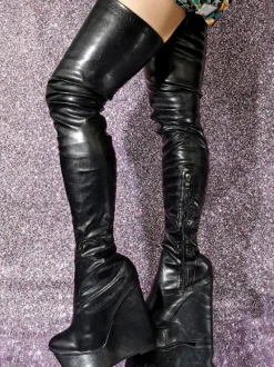 Plus Size Wedge Heel Thigh High Boots PU Leather