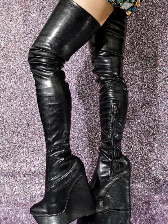 Plus Size Wedge Heel Thigh High Boots PU Leather