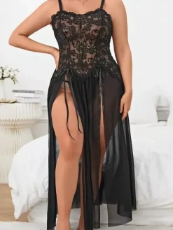 Plus Size Women's Lingerie Black Split Front Mesh Sexy Babydoll