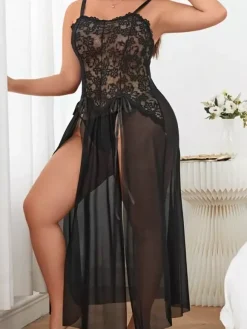 Plus Size Women's Lingerie Black Split Front Mesh Sexy Babydoll