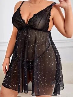 Plus Size Women's Lingerie Sexy Black 2-Piece Mesh Babydoll