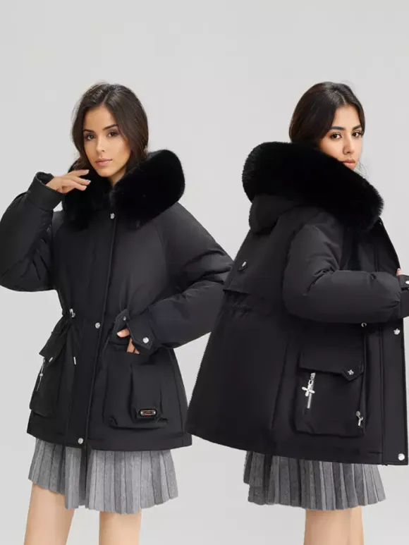 Plush Thickened Parka Jacket With Faux Fur Collar Hooded Winter Outerwear For Women 2026