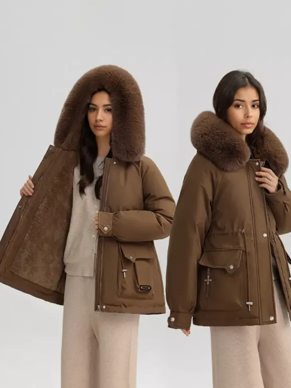 Plush Thickened Parka Jacket With Faux Fur Collar Hooded Winter Outerwear For Women 2026