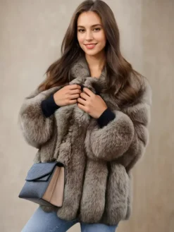 Plush Faux Fur Coat Crew Neck Winter Eco-friendly Fur Jacket For Women 2026