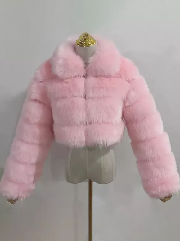 Plush Faux Fur Coat Turndown Collar Winter Short Jacket For Women 2026
