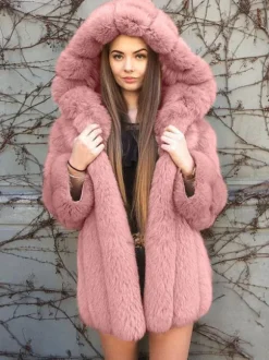 Plush Faux Fur Coat With Hood Winter Eco-friendly Fur Midi Jacket For Women 2026