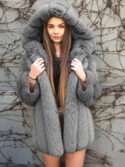 Plush Faux Fur Coat With Hood Winter Eco-friendly Fur Midi Jacket For Women 2026