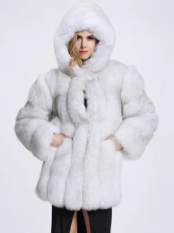 Plush Faux Fur Coat With Hood Winter Eco-friendly Fur Midi Jacket For Women 2026