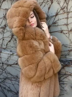 Plush Faux Fur Coat With Hood Winter Eco-friendly Fur Midi Jacket For Women 2026