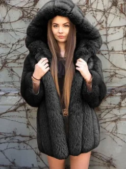 Plush Faux Fur Coat With Hood Winter Eco-friendly Fur Midi Jacket For Women 2026