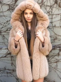 Plush Faux Fur Coat With Hood Winter Eco-friendly Fur Midi Jacket For Women 2026