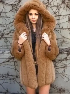 Plush Faux Fur Coat With Hood Winter Eco-friendly Fur Midi Jacket For Women 2026
