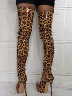 Plus Size Animal Print Platform Thigh High Heel Boots