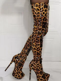 Plus Size Animal Print Platform Thigh High Heel Boots