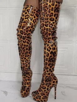 Plus Size Animal Print Platform Thigh High Heel Boots