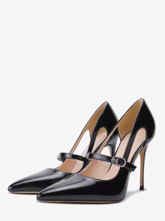 Plus Size Black High Heels Pointed Toe Buckle Detail Slip On Dress Shoes