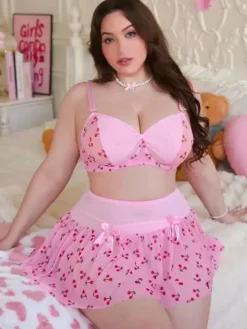 Plus Size Cherry Print Mesh Bra Ruffle Mini Skirt Lingerie Set