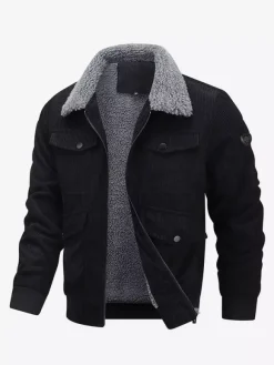 Plus Size Corduroy Jacket For Men Fleece Lining Winter Coat With Four Front Flap Pockets