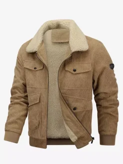 Plus Size Corduroy Jacket For Men Fleece Lining Winter Coat With Four Front Flap Pockets