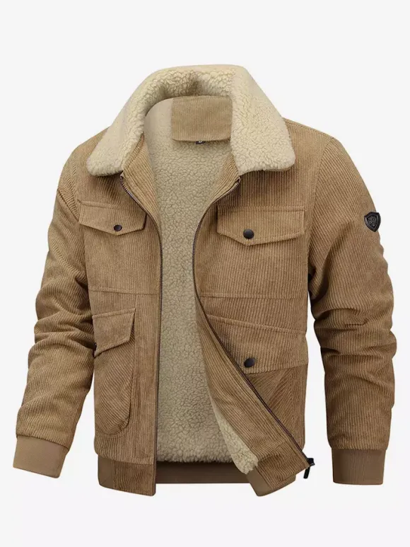 Plus Size Corduroy Jacket For Men Fleece Lining Winter Coat With Four Front Flap Pockets
