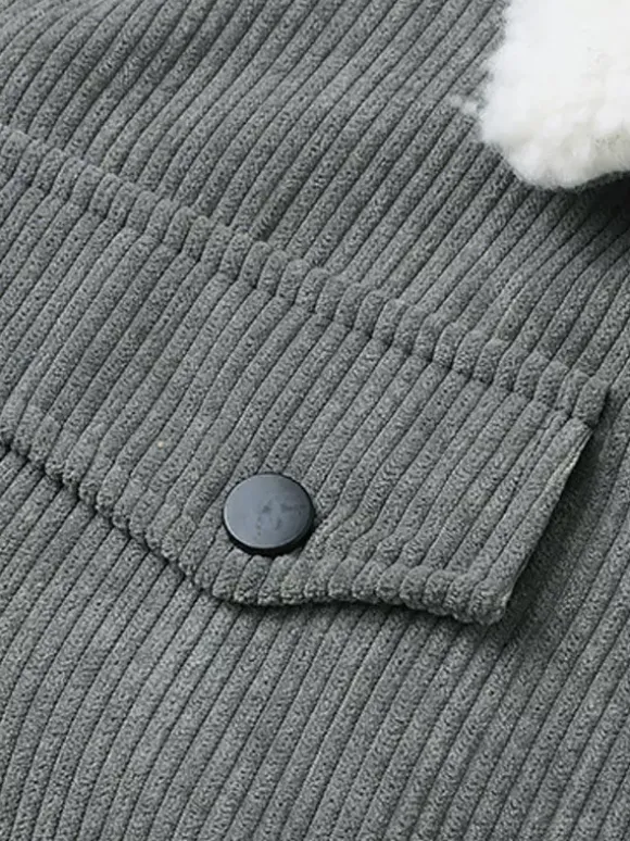 Plus Size Corduroy Jacket For Men Fleece Lining Winter Coat With Four Front Flap Pockets