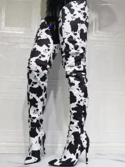 Plus Size Cow Print Thigh High Heel Boots