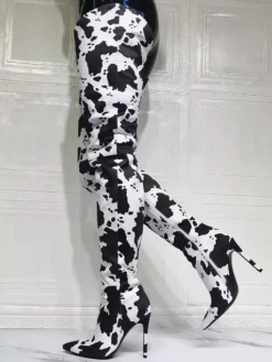 Plus Size Cow Print Thigh High Heel Boots