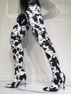 Plus Size Cow Print Thigh High Heel Boots