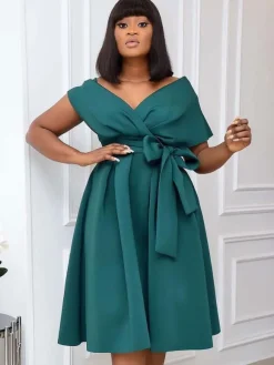 Plus Size Dress For Women Bateau Neck Short Sleeves Lycra Spandex Teal Midi Dress