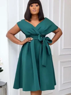 Plus Size Dress For Women Bateau Neck Short Sleeves Lycra Spandex Teal Midi Dress