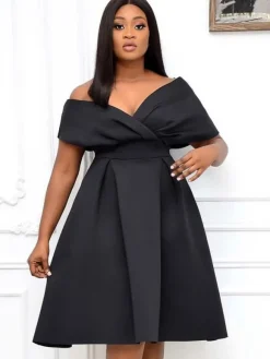 Plus Size Dress For Women Bateau Neck Short Sleeves Lycra Spandex Teal Midi Dress