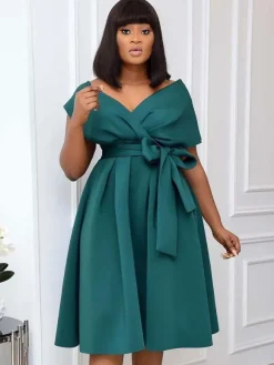 Plus Size Dress For Women Bateau Neck Short Sleeves Lycra Spandex Teal Midi Dress