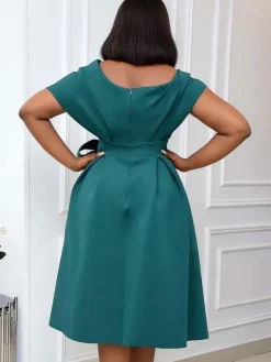 Plus Size Dress For Women Bateau Neck Short Sleeves Lycra Spandex Teal Midi Dress
