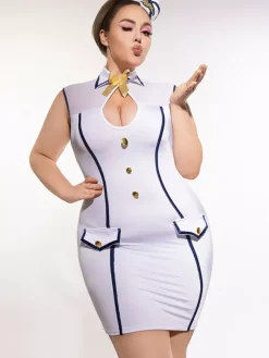 Plus Size Flight Attendant Costume Dress White Bodycon With Navy Trim & Sheer Mesh Halloween Outfit