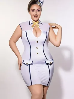 Plus Size Flight Attendant Costume Dress White Bodycon With Navy Trim & Sheer Mesh Halloween Outfit