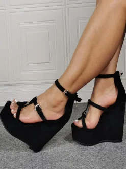 Plus Size High Heel Sexy Sandals Black Micro Suede Upper Open Toe Wedge Heel Sexy Shoes Plus Size Shoes