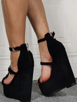 Plus Size High Heel Sexy Sandals Black Micro Suede Upper Open Toe Wedge Heel Sexy Shoes Plus Size Shoes