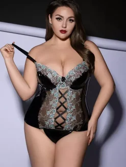 Plus Size Lace Patent Leather Corset Lingerie Set Sheer Mesh With Crisscross