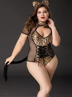 Plus Size Leopard Print Catwoman Costume Sheer Mesh Fabulous Rave Club Halloween Outfit