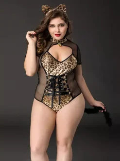 Plus Size Leopard Print Catwoman Costume Sheer Mesh Fabulous Rave Club Halloween Outfit