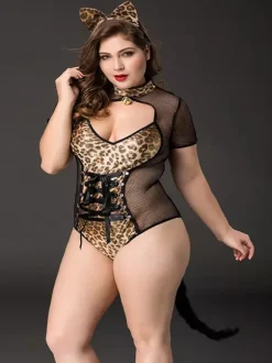Plus Size Leopard Print Catwoman Costume Sheer Mesh Fabulous Rave Club Halloween Outfit