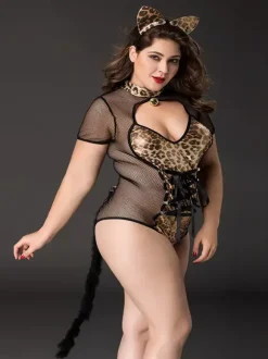 Plus Size Leopard Print Catwoman Costume Sheer Mesh Fabulous Rave Club Halloween Outfit