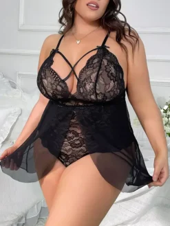 Plus Size Lingerie Lace Babydoll Lace 2-Piece Sleepwear