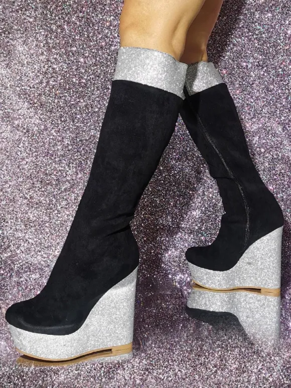 Plus Size Micro Suede Upper Wedge Heel Knee-High Boots