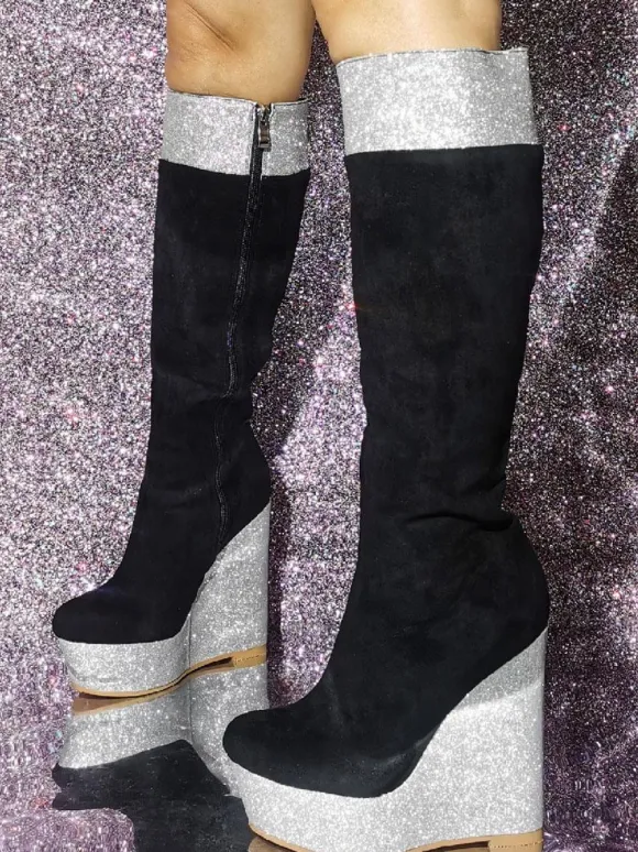 Plus Size Micro Suede Upper Wedge Heel Knee-High Boots