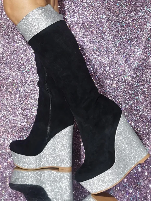 Plus Size Micro Suede Upper Wedge Heel Knee-High Boots