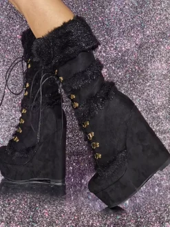 Plus Size Mid Calf Boots Micro Suede Upper Round Toe Wedge Heel Boots